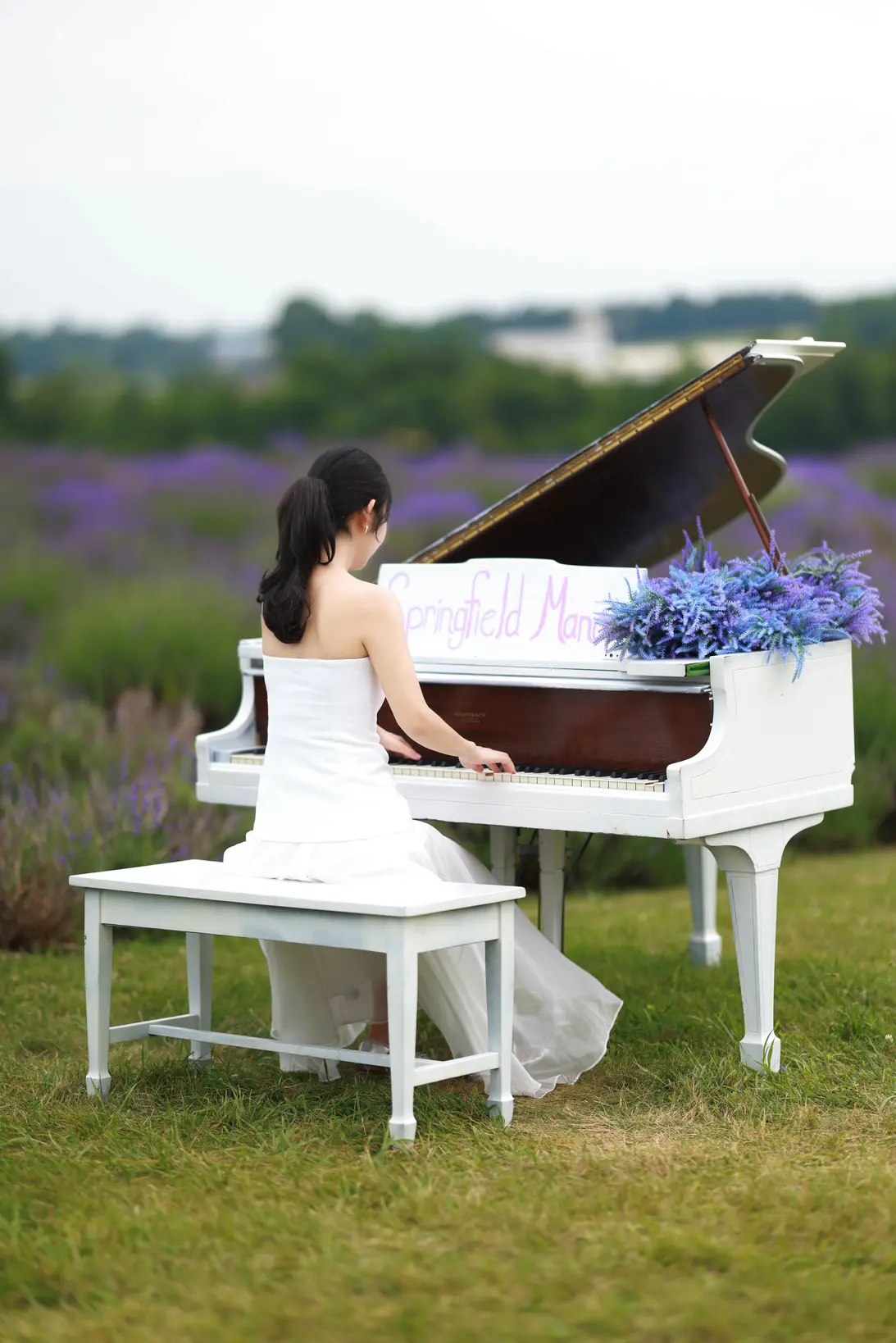 Mei An playing piano in a lavender field